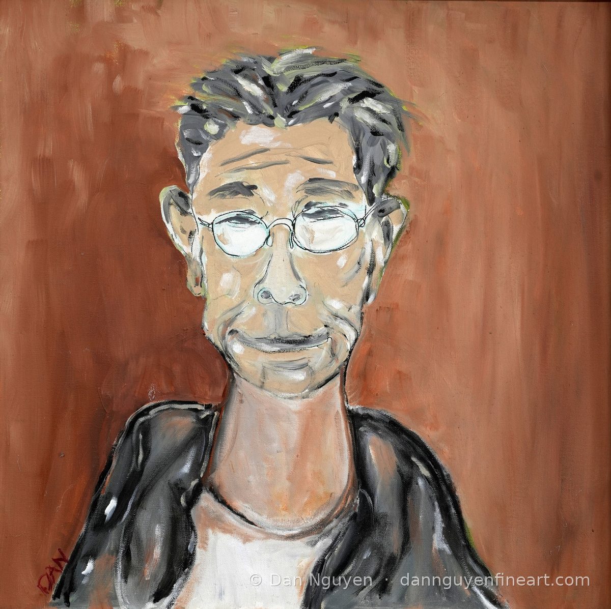 Self-portrait of Dan Nguyen in oil: gray hair, round glasses and a black jacket against a terracotta background